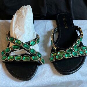 Liliana Black and Green Sandals with Jewel Embellishments